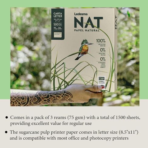 LEDESMA NAT LETTER SIZE 8.5 "x11" ورقة طابعة لب السكران - 75 GSM ، ورقة طابعة نسخ متعددة الأغراض غير المبينة - لجميع طابعات المكاتب والنسخ ، التصميمات ، الحرف (3 صفائح - 1500 صفائح) in Kuwait