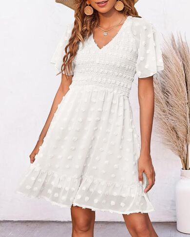 BTFBM Women's V Neck Smocked Short Sleeve Casual Dress Swiss Dot Swing Flowy Ruffle Hem Mini Beach Summer Dresses 2023 in Kuwait