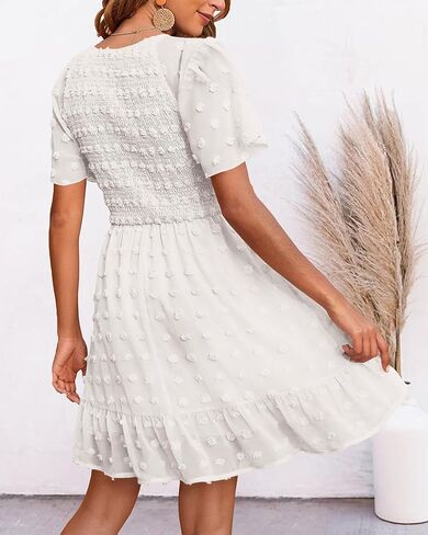 BTFBM Women's V Neck Smocked Short Sleeve Casual Dress Swiss Dot Swing Flowy Ruffle Hem Mini Beach Summer Dresses 2023 in Kuwait