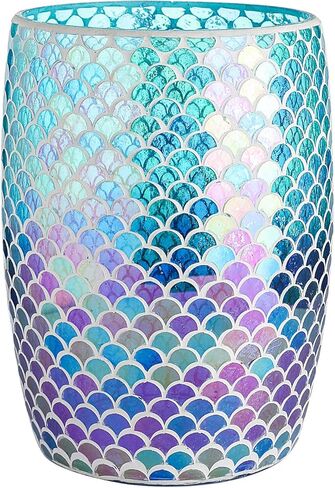 الأدوات المنزلية الكاملة حورية البحر الأزرق الفسيفساء الزجاج الحمام النفايات - سلة هدر من الزجاج اللامع علبة القمامة ذات الطابع الساحلي - إكسسوارات الحمام الساحلية للفتيات - حمام ملون أو سلة المطبخ ، 7.5 "× 10" in Kuwait