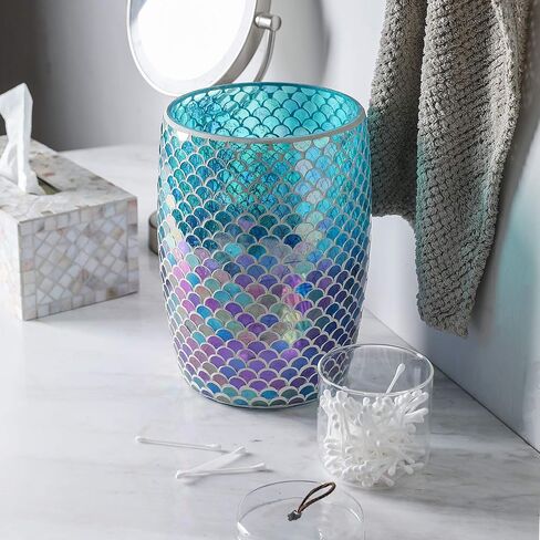 الأدوات المنزلية الكاملة حورية البحر الأزرق الفسيفساء الزجاج الحمام النفايات - سلة هدر من الزجاج اللامع علبة القمامة ذات الطابع الساحلي - إكسسوارات الحمام الساحلية للفتيات - حمام ملون أو سلة المطبخ ، 7.5 "× 10" in Kuwait