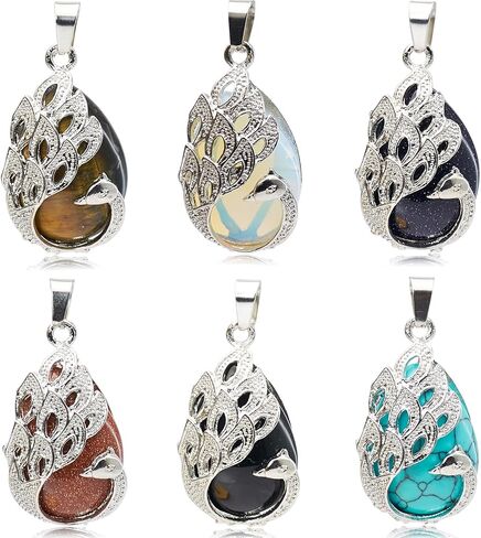 6 Pieces Tree of Life Peacock Pendant for Women,Natural Stone Pendants Platinum Peacock Teardrop Charm for DIY Necklaces Jewelry Making in Saudi Arabia