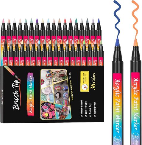 SMOOTHERPRO 36 Acrylic Paint Pens, Brush Tip (1-2mm) and 0.4mm Fineliner, Waterproof Acrylic Paint Markers for Adults Fabric Markers for Textile, Canvas, Rock, Glass, Wood, Paper, Pumpkin, DIY in Kuwait