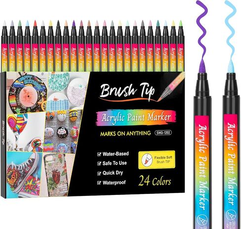 SMOOTHERPRO 36 Acrylic Paint Pens, Brush Tip (1-2mm) and 0.4mm Fineliner, Waterproof Acrylic Paint Markers for Adults Fabric Markers for Textile, Canvas, Rock, Glass, Wood, Paper, Pumpkin, DIY in Kuwait