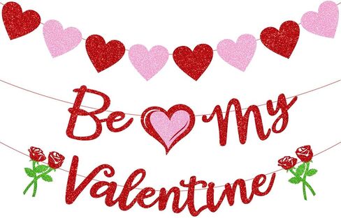 Glitter Valentine Banner Be My Valentine, Red Pink Be My Valentine Letters Banner Shiny Rose Heart Banner Sign for Celebrate Valentine Party Wedding Ceremonies Holiday Party Decorations in Saudi Arabia