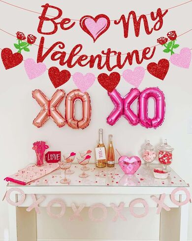 Glitter Valentine Banner Be My Valentine, Red Pink Be My Valentine Letters Banner Shiny Rose Heart Banner Sign for Celebrate Valentine Party Wedding Ceremonies Holiday Party Decorations in Saudi Arabia