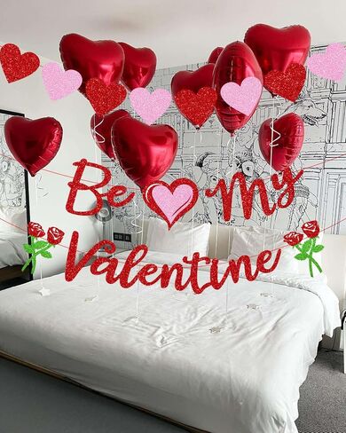 Glitter Valentine Banner Be My Valentine, Red Pink Be My Valentine Letters Banner Shiny Rose Heart Banner Sign for Celebrate Valentine Party Wedding Ceremonies Holiday Party Decorations in Saudi Arabia