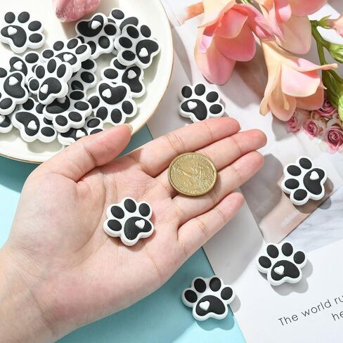 Stiesy 20 Pcs Black and White Dog Paw Beads Rubber Silicone Focal Beads for Pen Decoration Keychain Lanyard Jewelry Making Craft in Saudi Arabia