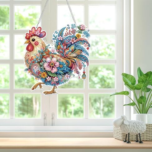 Hanging Diamond Art Chicken Kits for Adults Kids, 5D Special Shape Diamond Painting Chicken Kits, Animal Diamond Gem Art Suncatchers Painting Pendant Ornament for Home Garden Wall Decor in Saudi Arabia