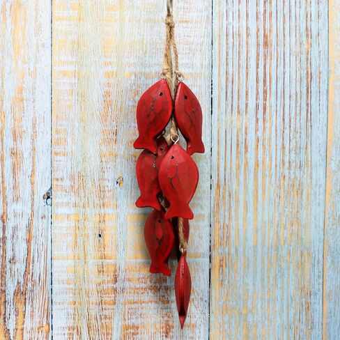 CVHOMEDECO. 3 Inches Hand Carved Wood Fish Hanging with Jute Rope Nautical Decorated, Mediterranean Style for Wall Hanging Gift Crafts, Red, 8 pcs/Set (Fish) in Saudi Arabia