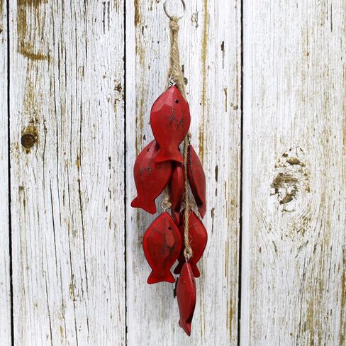 CVHOMEDECO. 3 Inches Hand Carved Wood Fish Hanging with Jute Rope Nautical Decorated, Mediterranean Style for Wall Hanging Gift Crafts, Red, 8 pcs/Set (Fish) in Saudi Arabia