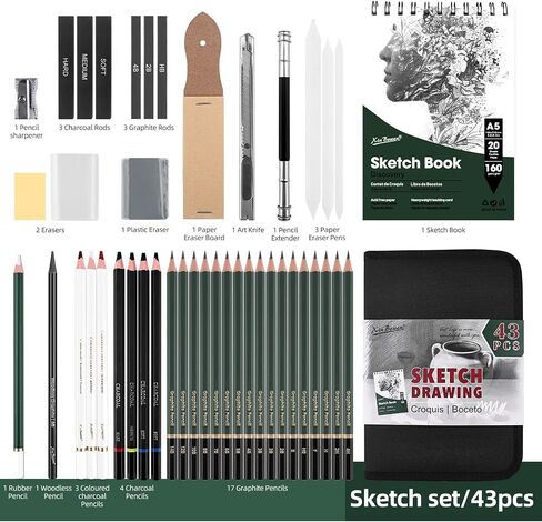 Xin Bowen 43 Pack Sketch Pencils for Drawing Kit Sketching Set with Sketchbook, Pencils, Charcoal, Graphite and More for Artists, Professionals or Beginners in Saudi Arabia