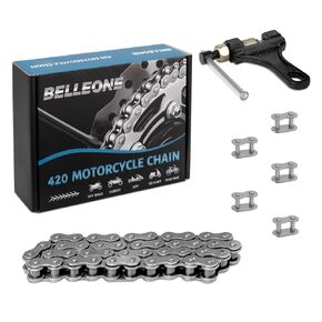 Bellone 420 Roller Chain 140 Links with 5 Free Connecting Links and Chain Breaker, Drive Chain Compatible with 50cc 70cc 90cc, for Mini Bike, Go-Kart, Scooter, Motorcycle, ATV and Other Machinery
