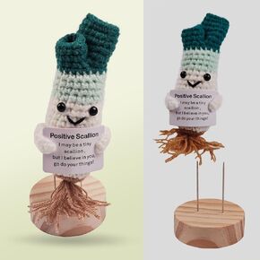 Emotional Support Pickle with Upgraded Wooden Stand,Positive Emotional Support Plush Knitted Doll for Friends,Funny Handmade Crochet Plush Gifts for Birthday-Apple