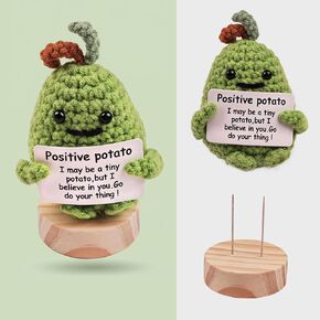 Emotional Support Pickle with Upgraded Wooden Stand,Positive Emotional Support Plush Knitted Doll for Friends,Funny Handmade Crochet Plush Gifts for Birthday-Apple