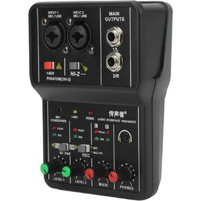 2 Channels Audio Mixer, 48V Phantom Power Audio Mixer Sound Board Compact 2 Channels Portable for Internet Karaoke, Mini Audio Mixer Usb 2 Channel