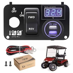 Golf Cart 3 in 1 Multifunctional Integrated Panel,12V 3.0 Fast Charge Dual USB Charger Socket & LED Digital Voltmeter & Forward Reverse Switch Button,Fit for EZGO TXT PDS Golf Models
