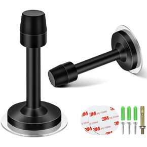Door Stops 3.5 Inch, Black Door Stoppers for Bottom of Door, No Drill, Door Stop Wall Protector with Sound Dampening Rubber Bumper Tips, Self Adhesive Stainless Steel Doorstops, 2 Pack