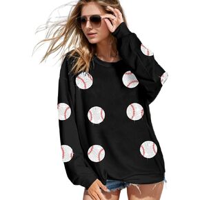 Women’s Crewneck Long Sleeve Baseball Sequin Pullover Sweatshirt Loose Fit Casual Patches Gameday Tops