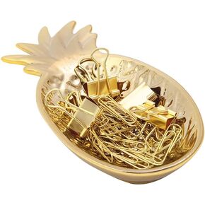 MultiBey Ceramic Paper Clip Holder Fun Pineapple Paperclips Holders for Desk, Paperclips &Binder Clips Included Gold Paper Clip Dispenser Home Office Supplies (Gold)