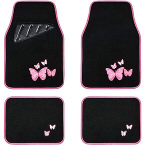 August Auto Universal Fit Butterfly Carpet Car Floor Mats with Heel Pad Fit for Sedan, SUVs, Truck, Vans Set of 4 (Black and Pink)