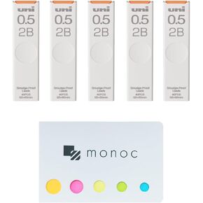 Uni Pencil Lead,"The Uni" Smudge-Proof Leads, 0.5mm 2B, 5 Pack &"monoc" Sticky Note(Japan Import)