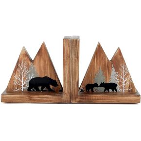 NIKKY HOME Heavy Duty Non Slip Rustic Woodland Mountain Wood Bookend Cute Bear Book Ends Book Stoppers for Cabin Decor Home and Office Shelves Kids Children