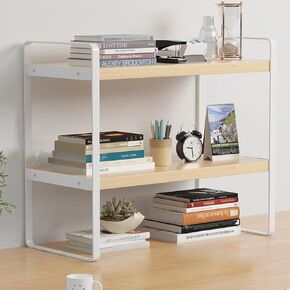 Desktop Shelf Organizer, Small Wood Countertop Bookshelf Desktop Organizer Office, Kitchen Spice Rack Desk Storage Display Shelf for Home Office Kids Dorm (2 Tier - Wood,White Frame)