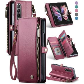 حافظة Defencase لهاتف Galaxy Z Fold 3، حافظة لهاتف Samsung Z Fold 3 مع فتحة حامل قلم، وحجب RFID لهاتف Samsung Galaxy Z Fold 3 حافظة محفظة مع حامل بطاقة بسحاب وحزام من جلد البولي يوريثان، أسود
