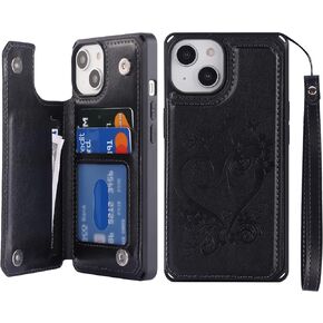 iCoverCase Compatible with iPhone 14 Wallet Phone Case with Card Holder for Women, RFID Blocking Embossed PU Leather Wrist Strap Case 6.1 Inch (Heart Black)