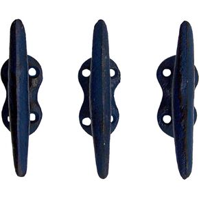 Wowser Nautical Blue Cast Iron Boat Cleat Wall Hooks, 3.5 Inches, Set of 3