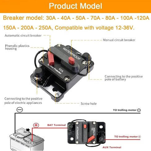 80 Amp Circuit Breaker with Manual Reset Fuse for Car Marine Trolling Motors Boat ATV Manual Power Protect for Audio System Fuse DC 12V-48V Waterproof (80A) in Saudi Arabia