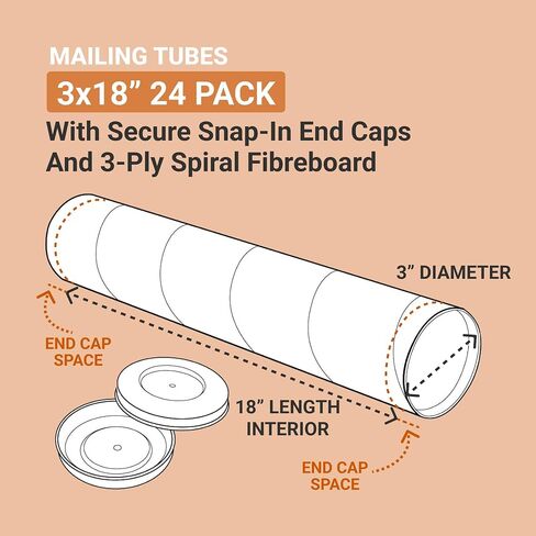 AVIDITI Cardboard Tubes with Caps, 18"L x 3"W x 3"H, Pack of 24 | Poster Tube for Mailing and Storage of Blueprints, Artwork, Crafts, Long Art Holder, 18 inches in Saudi Arabia