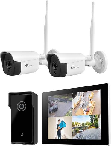 Wireless Security Camera System with 10.1'' Touchscreen Monitor, 64GB SSD Built-in, 3PCS 3MP Security Camera Outdoor and 1PCS Video Doorbell, Two Way Audio, Smart Motion Detection in Kuwait