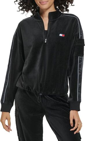 Tommy Hilfiger Women's Velour Fabric Cargo Pockets Pullover Half Zip Ghost Debossed Logo Taping in Kuwait