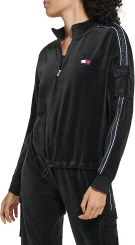 Tommy Hilfiger Women's Velour Fabric Cargo Pockets Pullover Half Zip Ghost Debossed Logo Taping in Kuwait