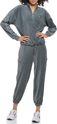 Tommy Hilfiger Women's Velour Fabric Cargo Pockets Pullover Half Zip Ghost Debossed Logo Taping in Kuwait