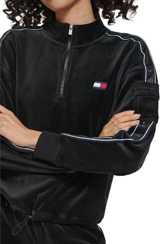 Tommy Hilfiger Women's Velour Fabric Cargo Pockets Pullover Half Zip Ghost Debossed Logo Taping in Kuwait