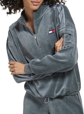 Tommy Hilfiger Women's Velour Fabric Cargo Pockets Pullover Half Zip Ghost Debossed Logo Taping in Kuwait
