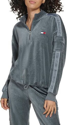 Tommy Hilfiger Women's Velour Fabric Cargo Pockets Pullover Half Zip Ghost Debossed Logo Taping in Kuwait