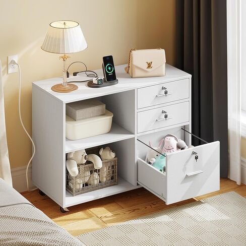 YITAHOME File Cabinet with Charging Station, Mobile Lateral Filing Cabinet with Lock for Home Office, Printer Stand with Open Storage Shelf, Fits A4, Letter Size Files, Office Furniture, White in Saudi Arabia