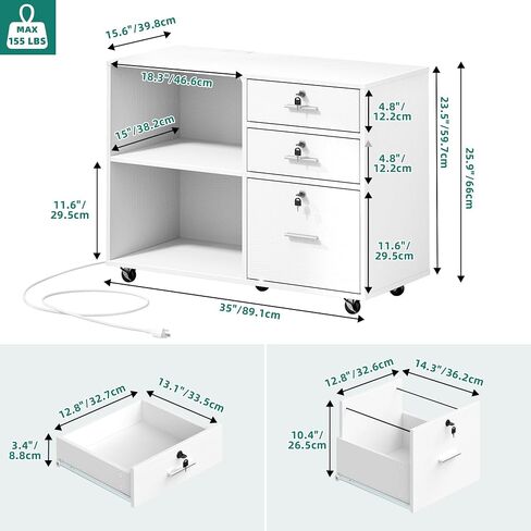 YITAHOME File Cabinet with Charging Station, Mobile Lateral Filing Cabinet with Lock for Home Office, Printer Stand with Open Storage Shelf, Fits A4, Letter Size Files, Office Furniture, White in Saudi Arabia