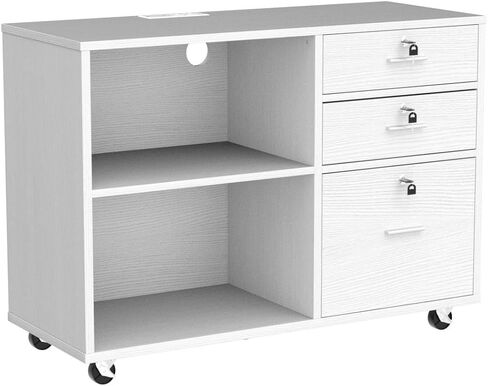 YITAHOME File Cabinet with Charging Station, Mobile Lateral Filing Cabinet with Lock for Home Office, Printer Stand with Open Storage Shelf, Fits A4, Letter Size Files, Office Furniture, White in Saudi Arabia