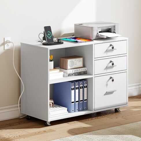 YITAHOME File Cabinet with Charging Station, Mobile Lateral Filing Cabinet with Lock for Home Office, Printer Stand with Open Storage Shelf, Fits A4, Letter Size Files, Office Furniture, White in Saudi Arabia