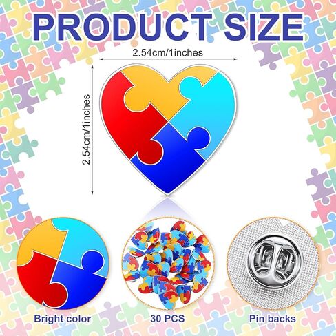 30 Pcs Autism Awareness Pin, Autism Awareness Heart Lapel Pin Multi Color Autism Puzzle Brooches Pins Autism Awareness Colorful Puzzle Pin for Autism/Asperger's Awareness Event Supplies Gifts in Saudi Arabia