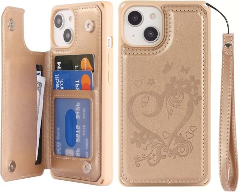 iCoverCase Compatible with iPhone 14 Wallet Phone Case with Card Holder for Women, RFID Blocking Embossed PU Leather Wrist Strap Case 6.1 Inch (Heart Purple) in Kuwait