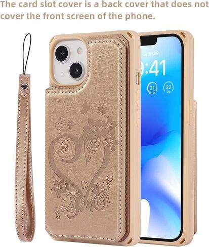 iCoverCase Compatible with iPhone 14 Wallet Phone Case with Card Holder for Women, RFID Blocking Embossed PU Leather Wrist Strap Case 6.1 Inch (Heart Purple) in Kuwait