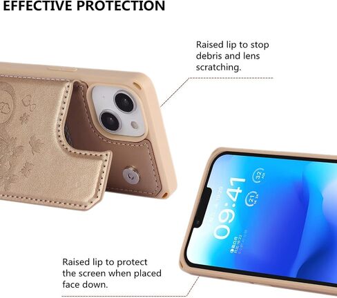 iCoverCase Compatible with iPhone 14 Wallet Phone Case with Card Holder for Women, RFID Blocking Embossed PU Leather Wrist Strap Case 6.1 Inch (Heart Purple) in Kuwait
