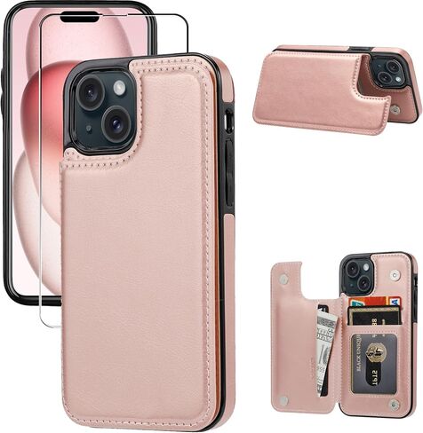 Wallet Case Compatible with iPhone 15,Slim Protective case with Card Holder,Premium PU Leather Kickstand Card Slots Case with 1 Screen Protective Glass for iPhone 15 (6.1")-White in Kuwait