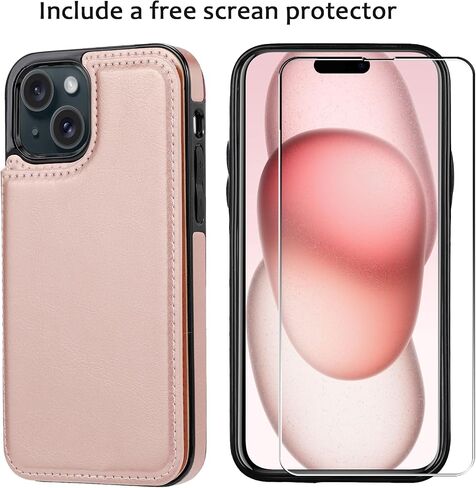 Wallet Case Compatible with iPhone 15,Slim Protective case with Card Holder,Premium PU Leather Kickstand Card Slots Case with 1 Screen Protective Glass for iPhone 15 (6.1")-White in Kuwait